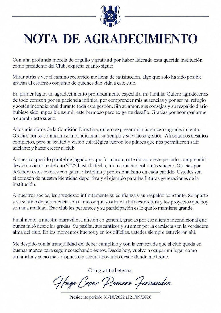 Nota de despedida de la presidencia del 2 de Mayo del ingeniero Hugo Romero publicada a través de las redes sociales.