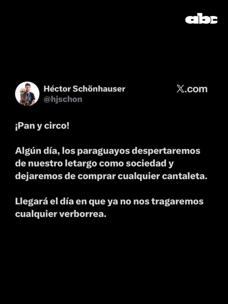 El posteo de Héctor Schonhauser, miembro del Departamento de Inteligencia y Big Data de Olimpia