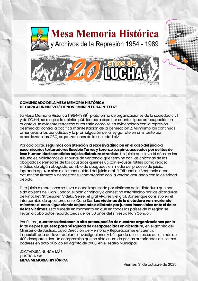 Comunicado de la Mesa Memoria Histórica.