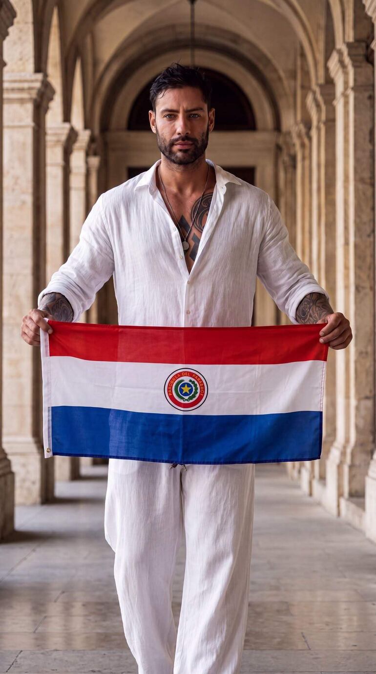 Daniel Dueñas, con camiseta blanca, sostiene la bandera de Paraguay en un entorno arquitectónico con arcos y columnas.