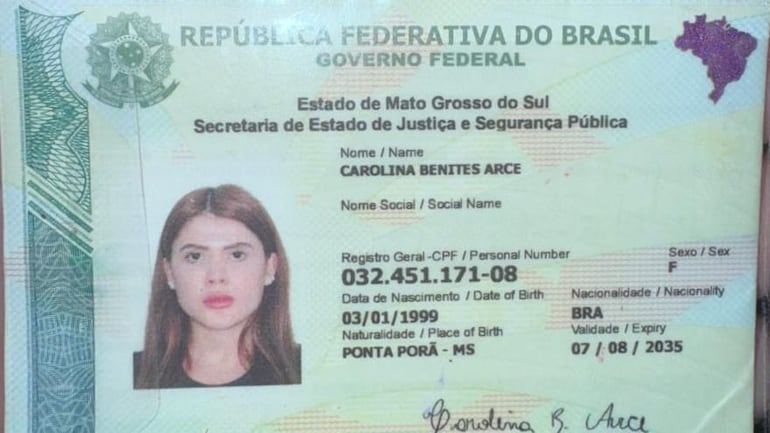 Documento brasileño de Carolina Benites Arce, asesinada en Pedro Juan Caballero.