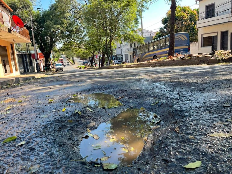 Calle con charcos de agua y hojas, un bus azul y amarillo estacionado detrás de árboles en un ambiente tranquilo.