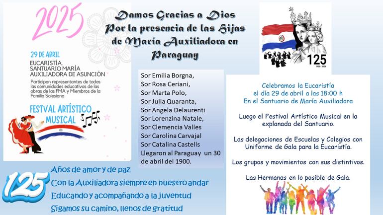 Programa de actividades de la celebración de los 125 años de la presencia de la FMA en Paraguay.