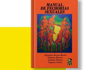 Portada del libro 'Manual de Fechorías Sexuales' en tonos anaranjados, verde y azul, con ilustraciones de figuras humanas.