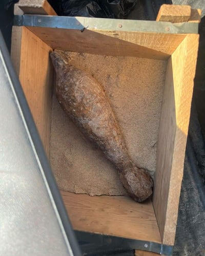 Objeto similar a una bomba en caja de madera llena de arena, ambiente de alerta por seguridad.