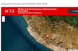 Captura de pantalla tomada de la pagina oficial del Instituto Geofísico del Perú que muestra el lugar del epicentro del terremoto de magnitud 7,2 ocurrido este jueves en la región andina de Ayacucho, en el sur de Perú. EFE/ Instituto Geofísico del Perú /SOLO USO EDITORIAL/NO VENTAS/SOLO DISPONIBLE PARA ILUSTRAR LA NOTICIA QUE ACOMPAÑA (CRÉDITO OBLIGATORIO)