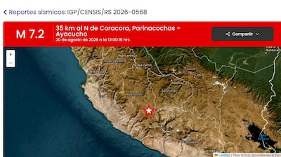 Captura de pantalla tomada de la pagina oficial del Instituto Geofísico del Perú que muestra el lugar del epicentro del terremoto de magnitud 7,2 ocurrido este jueves en la región andina de Ayacucho, en el sur de Perú. EFE/ Instituto Geofísico del Perú /SOLO USO EDITORIAL/NO VENTAS/SOLO DISPONIBLE PARA ILUSTRAR LA NOTICIA QUE ACOMPAÑA (CRÉDITO OBLIGATORIO)