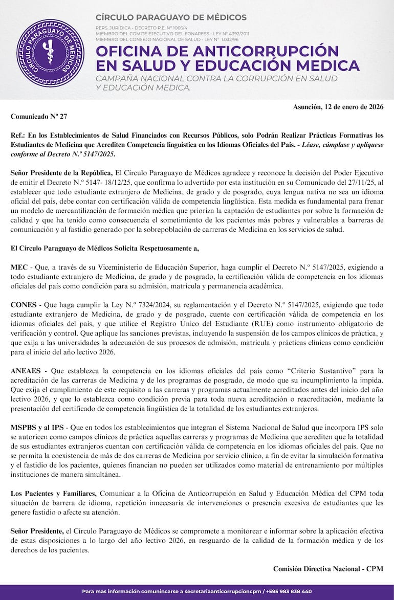 Comunicado del Círculo Paraguayo de Médicos sobre la competencia de idiomas para estudiantes extranjeros.