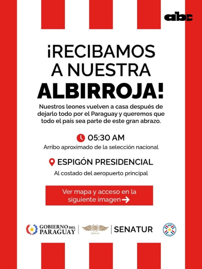 La Dinac informó dónde será el recibimiento a los jugadores de la selección en el Aeropuerto Silvio Pettirossi. La llegada está prevista a las 6 de la mañana.