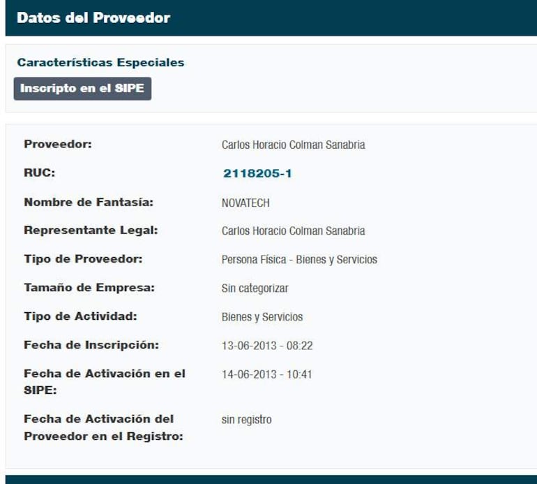 Registros de Novatech en el portal de la DNCP.