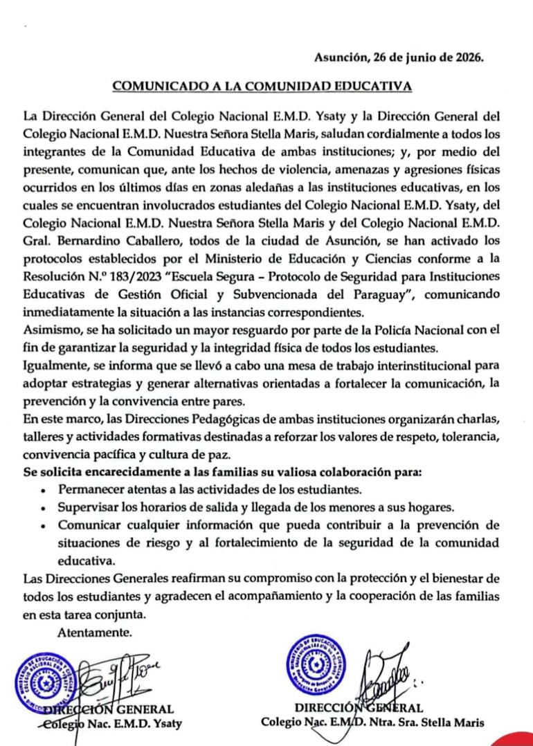 Comunicado a la comunidad educativa entre ambos colegios tras los ataques.