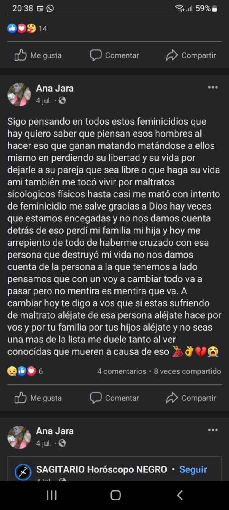 Captura de pantalla que supuestamente pertenecería al perfil de Facebook de la víctima de feminicidio en Ñemby, Ana Paula Jara, quien denunció en julio que ya fue víctima de un intento de feminicidio.