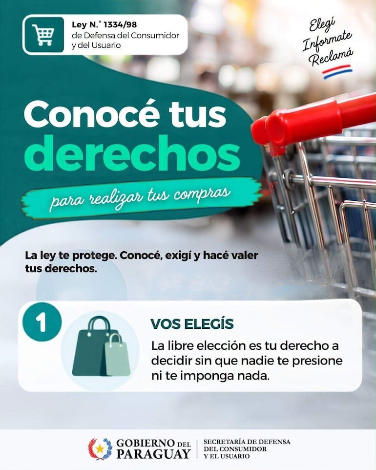 Cartel colorido sobre derechos del consumidor en tienda, con texto informativo y sin personas visibles.
