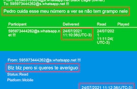 Mensaje de Marcus Vinicius Espindola Marques de Padua (verde) al policía Pedro Moral Ortega (azul). El brasileño pide al paraguayo que revise su su celular estaba intervenido.