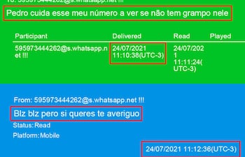 Mensaje de Marcus Vinicius Espindola Marques de Padua (verde) al policía Pedro Moral Ortega (azul). El brasileño pide al paraguayo que revise su su celular estaba intervenido.