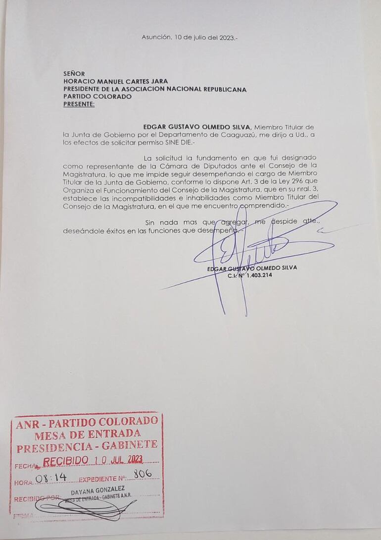 Nota presentada por el diputado Edgar Olmedo a Horacio Cartes.