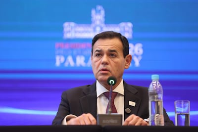 AME6143. LUQUE (PARAGUAY), 30/06/2026.- El canciller de Paraguay, Rubén Ramírez, habla en una rueda de prensa al cierre de la LXVII Cumbre de Jefes de Estado y de Gobierno del Mercosur este martes, en Luque (Paraguay). EFE/ Juan Pablo Pino