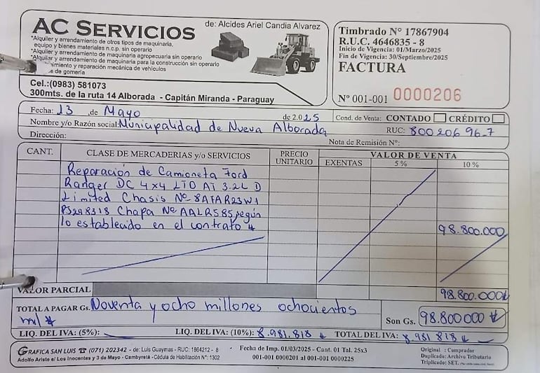 Factura de AC Servicios con detalle de alquiler de maquinaria, emitida a la Municipalidad de Nueva Alborada.