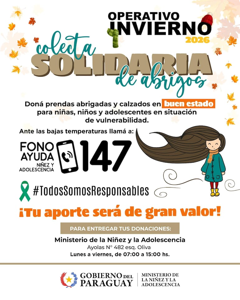 Anuncio colorido con texto que invita a donar abrigos, destaca una niña con chaqueta y hojas otoñales.