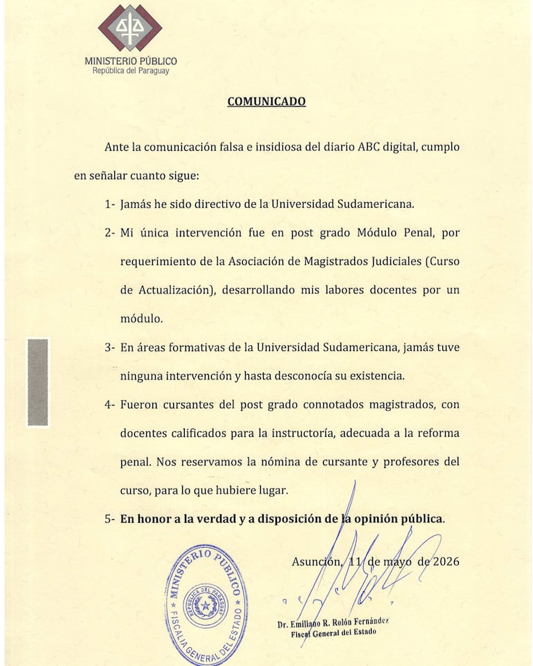 Comunicado del Ministerio Público con escudo en la parte superior, aclarando acusaciones del ABC digital sobre Emiliano Rolón.