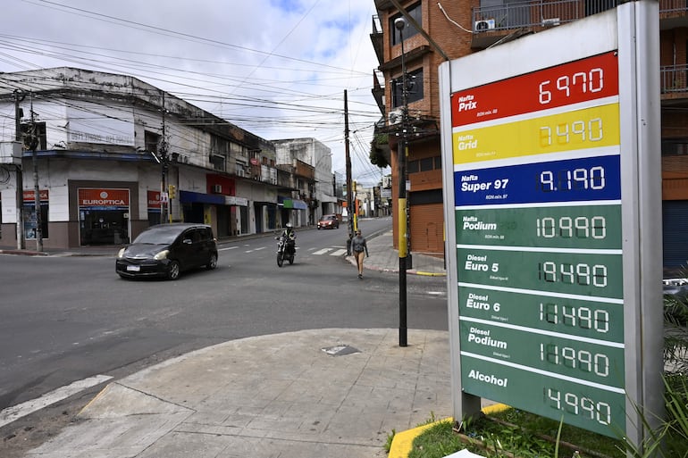 Dispensador de precios de combustibles en una calle de Paraguay, con varios vehículos y una persona caminando bajo un cielo nublado.
