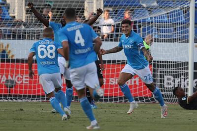 Cagliari (Italy), 15/09/2024.- Napoli's Giovanni Di Lorenzo celebrates after scoring the 0-1 goal during the Italian Serie A soccer match between Cagliari Calcio and SSC Napoli, in Cagliari, Italy,15 September 2024. (Italia) EFE/EPA/FABIO MURRU