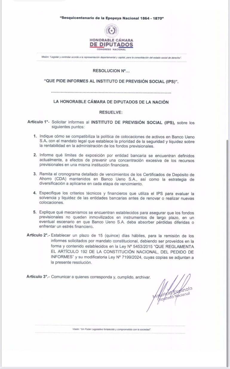 Diputados piden informes al IPS y al BCP sobre colocaciones con ueno Bank