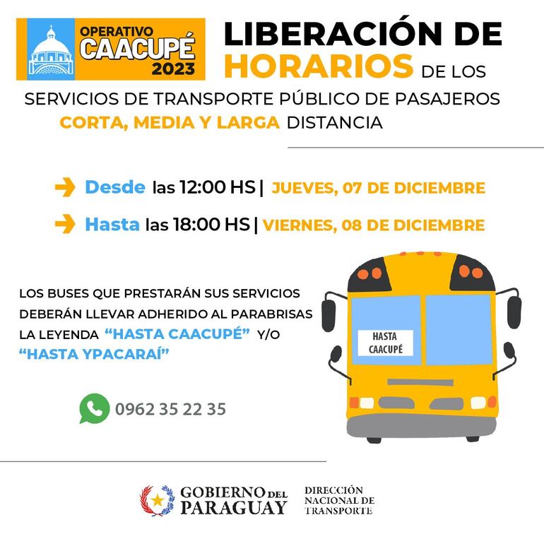 Comunicado de la Dinatran sobre liberación de horario de buses de corta media y larga distancia para la festividad de la Virgen de Caacupé 2023.