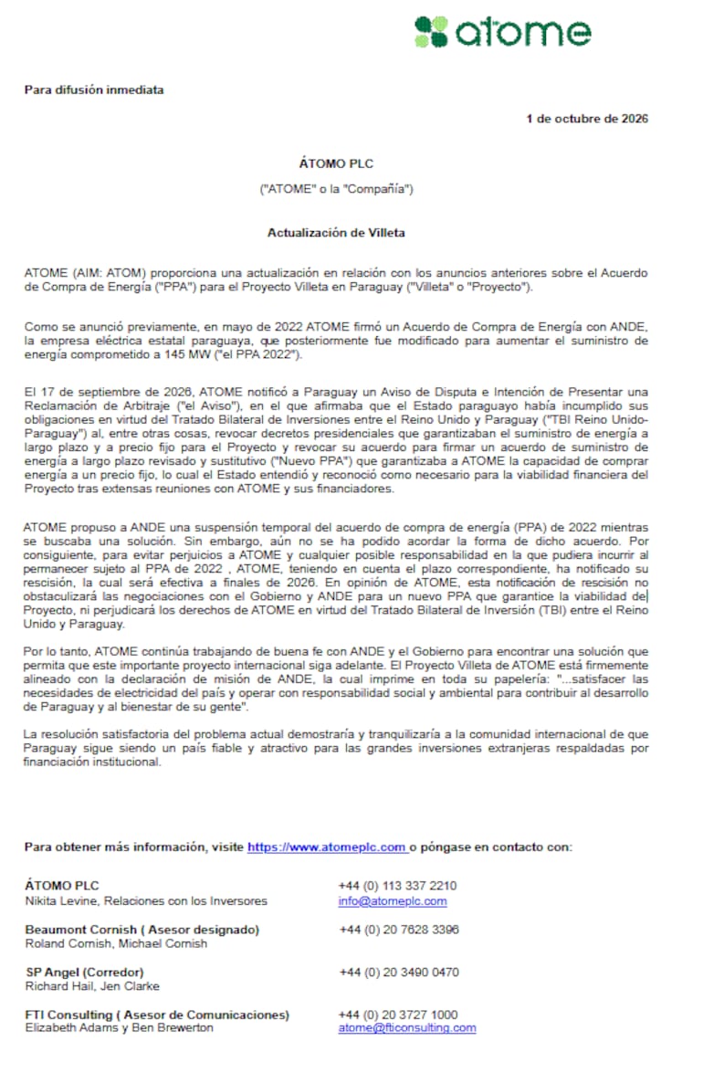 Comunicado de Atome, del 1 de octubre.