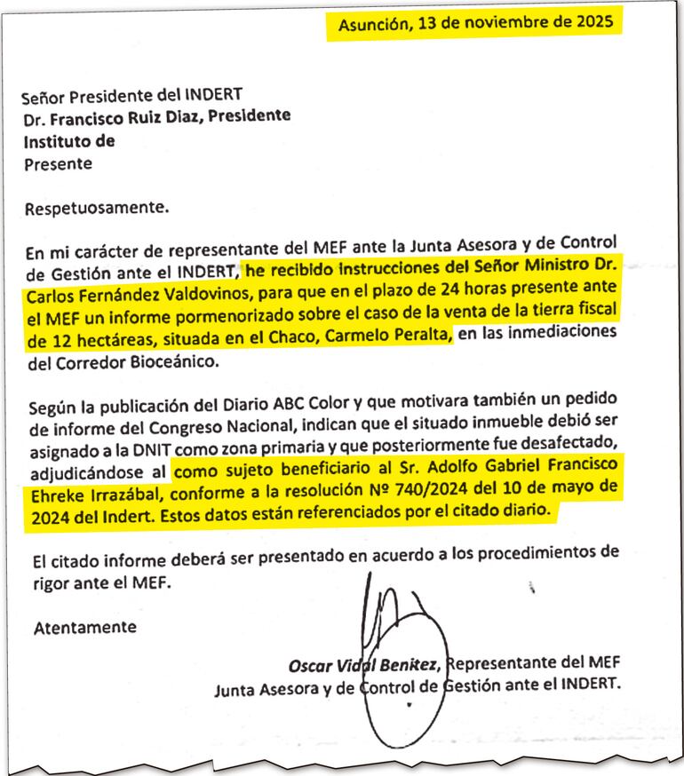 Nota que presentó el 13 de noviembre pasado el integrante  de la Junta Asesora del Indert.