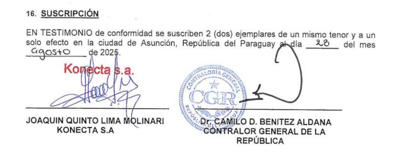 El contrato fue firmado el 28 de agosto pasado  por Joaquín Lima Molinari y Camilo Benítez Aldana