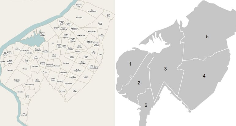 Mapa de Asunción según sus barrios y según la división de la Justicia Electoral.