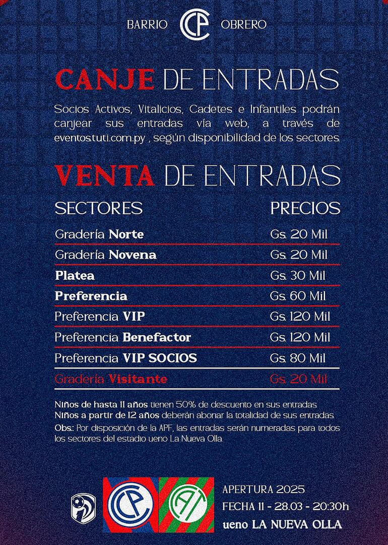 Tarifa de las entradas para el duelo entre Cerro Porteño y Atlético Tembetary.