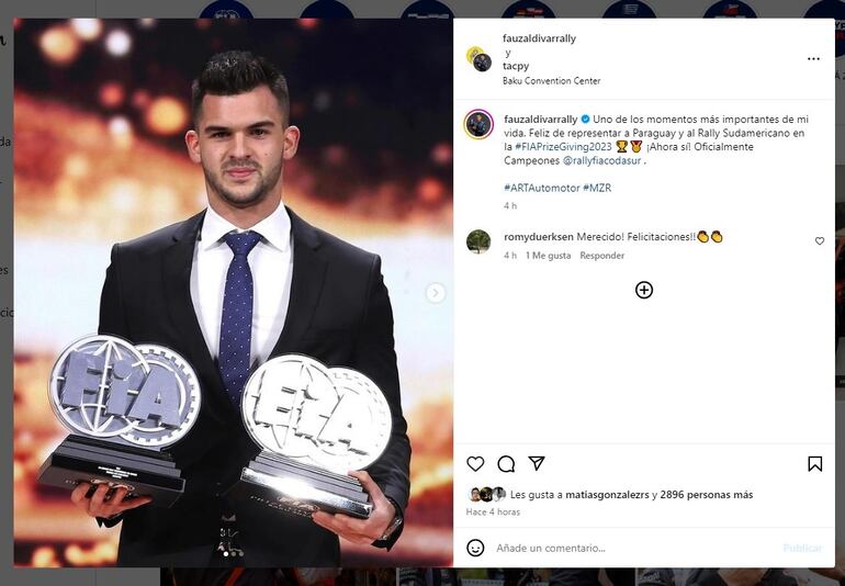 El posteo de Fabrizio Zaldívar tras la gala de la FIA en Bakú.