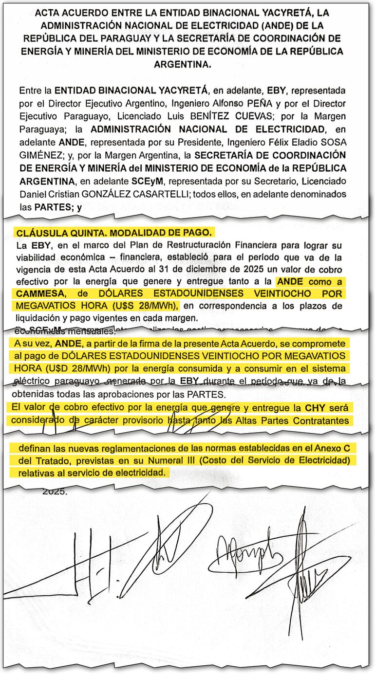 Partes del acta de acuerdo entre la EBY, ANDE y la Secretaría de Energía argentina.