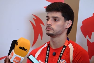 El mediocampista Damián Josué Bobadilla Benítez (24 años) hablando en zona mixta, el Hotel Signia by Hilton San José.