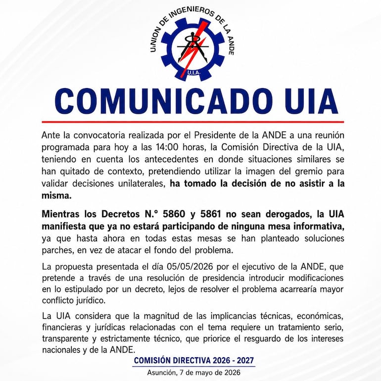 Comunicado de la UIA sobre ausencia en reunión convocada por el titular de la ANDE.