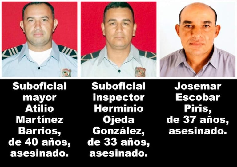 Atilio Martínez Barrios y Herminio Ojeda González en uniforme serio, junto a Josemar Escobar Piris en camisa clara, sobre fondo rojo.