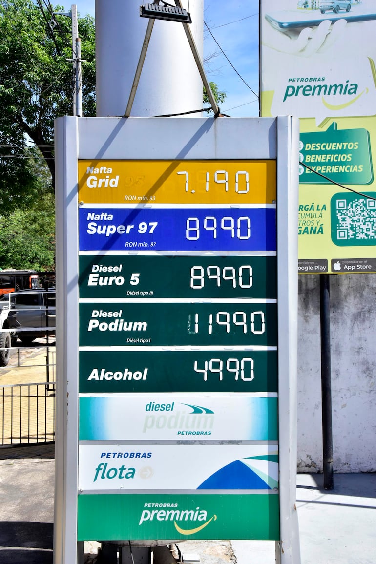 Cartel de precios de combustible de Petrobras con precios destacados en 4ta proyectada y Ayolas
