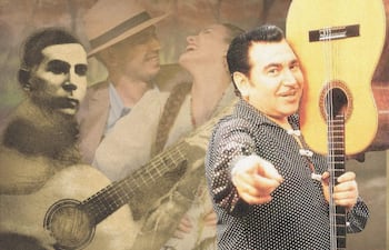 Hombre con guitarra en primer plano, detrás dos personas sonrientes en un ambiente festivo y colorido.