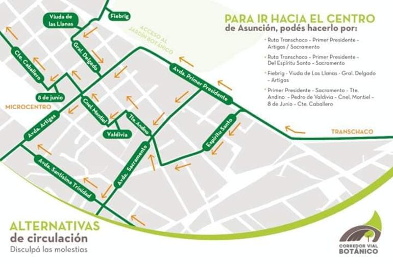 Desvíos para la zona del Jardín Botánico