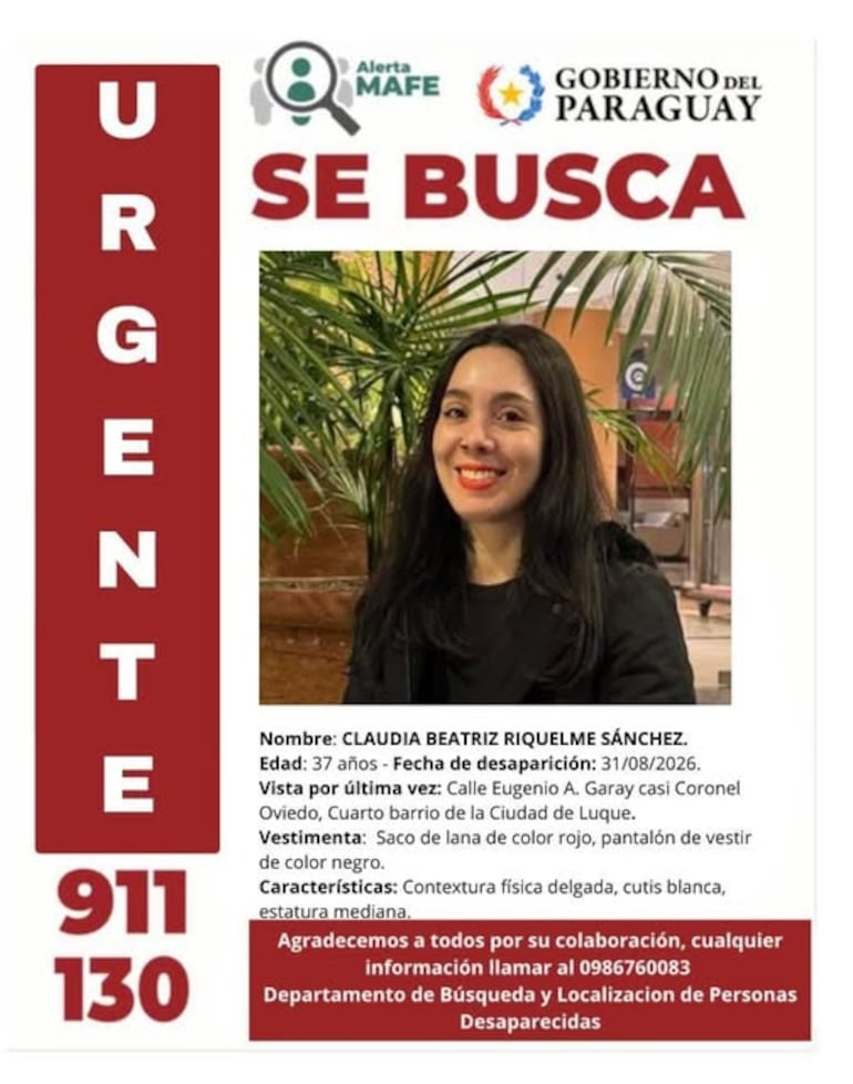 Autoridades y familiares solicitan la colaboración de la ciudadanía para dar con el paradero de Claudia Beatriz Riquelme Sánchez, de 37 años,