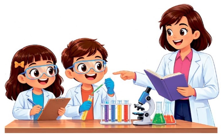 Niños con una maestra en el laboratorio.
