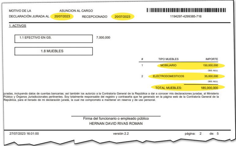 Última declaración jurada presentada por Hernán Rivas Román al asumir como senador colorado y presidente del JEM.