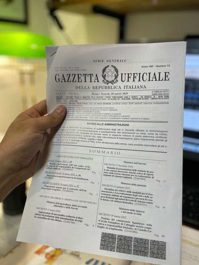 La gaceta oficial en la que se comunicó el cambio para acceder a la ciudadanía italiana.

Gentileza: Gruppo Noi Siamo.