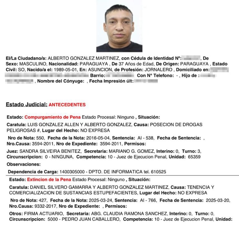 Ficha policial del ahora desaparecido Alberto González Martínez.