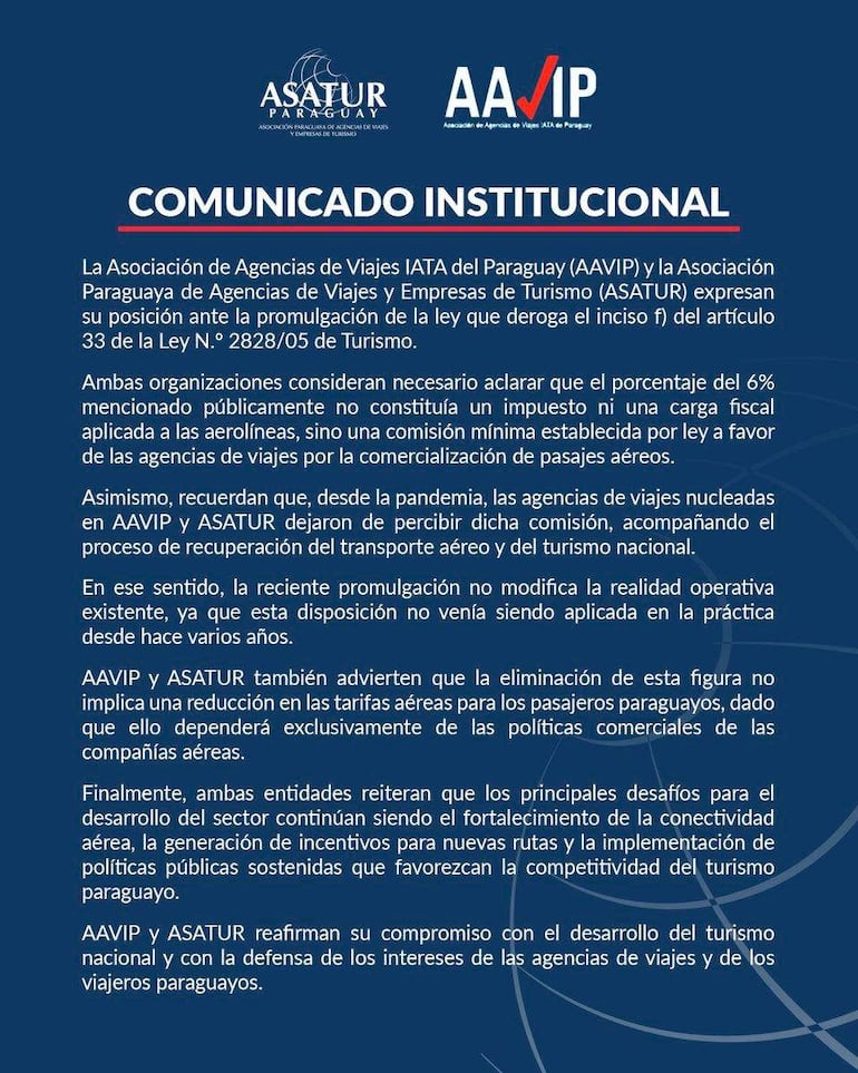 Comunicado institucional de AAVIP y ASATUR en fondo azul, con texto en blanco y logotipos de ambas asociaciones en la parte superior.