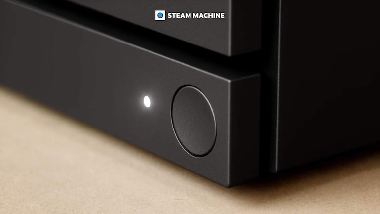Steam Machine de Valve en un ambiente moderno, enfatizando su diseño elegante y elementos electrónicos visibles.