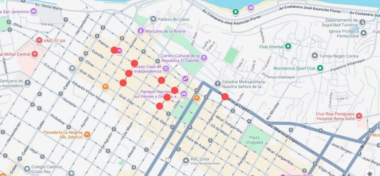 Mapa de Asunción con ubicaciones señaladas, sin personas presentes ni actividades visibles.