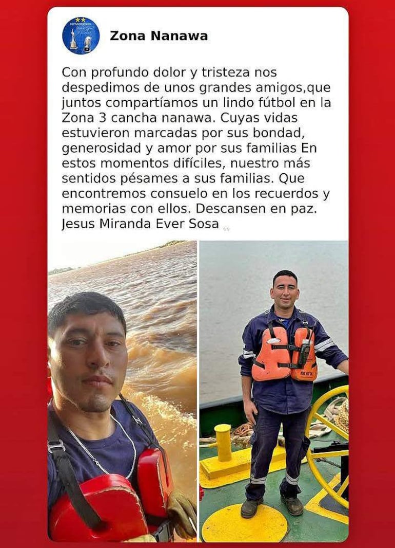 Homenaje a amigos fallecidos con chalecos salvavidas en ambiente náutico, reflejando dolor y tristeza en la comunidad de fútbol de Zona Nanawa.